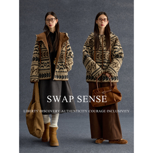 SWAP SENSE旷野手稿·复古休闲游牧咖色拉链连帽宽松保暖外套冬季