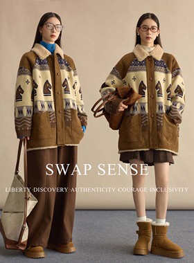 SWAP SENSE牧羊棋语· 复古休闲翻领皮毛一体马头纹样针织外套冬