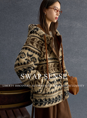 SWAP SENSE旷野手稿·游牧风穿搭费尔岛咖色连帽外套2025年新款冬
