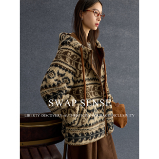 SWAP SENSE旷野手稿·游牧风穿搭费尔岛咖色连帽外套2025年新款冬
