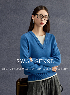 SWAP SENSE静蓝谧语·复古休闲蓝色V领假两件针织套头毛衣女秋冬