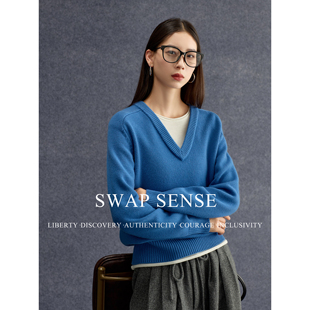 SWAP SENSE静蓝谧语·复古休闲蓝色V领假两件针织套头毛衣女秋冬
