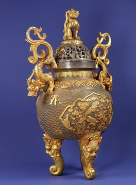 旧藏精品唐代时期局部鎏金y双耳兽足熏炉摆件 高36厘米