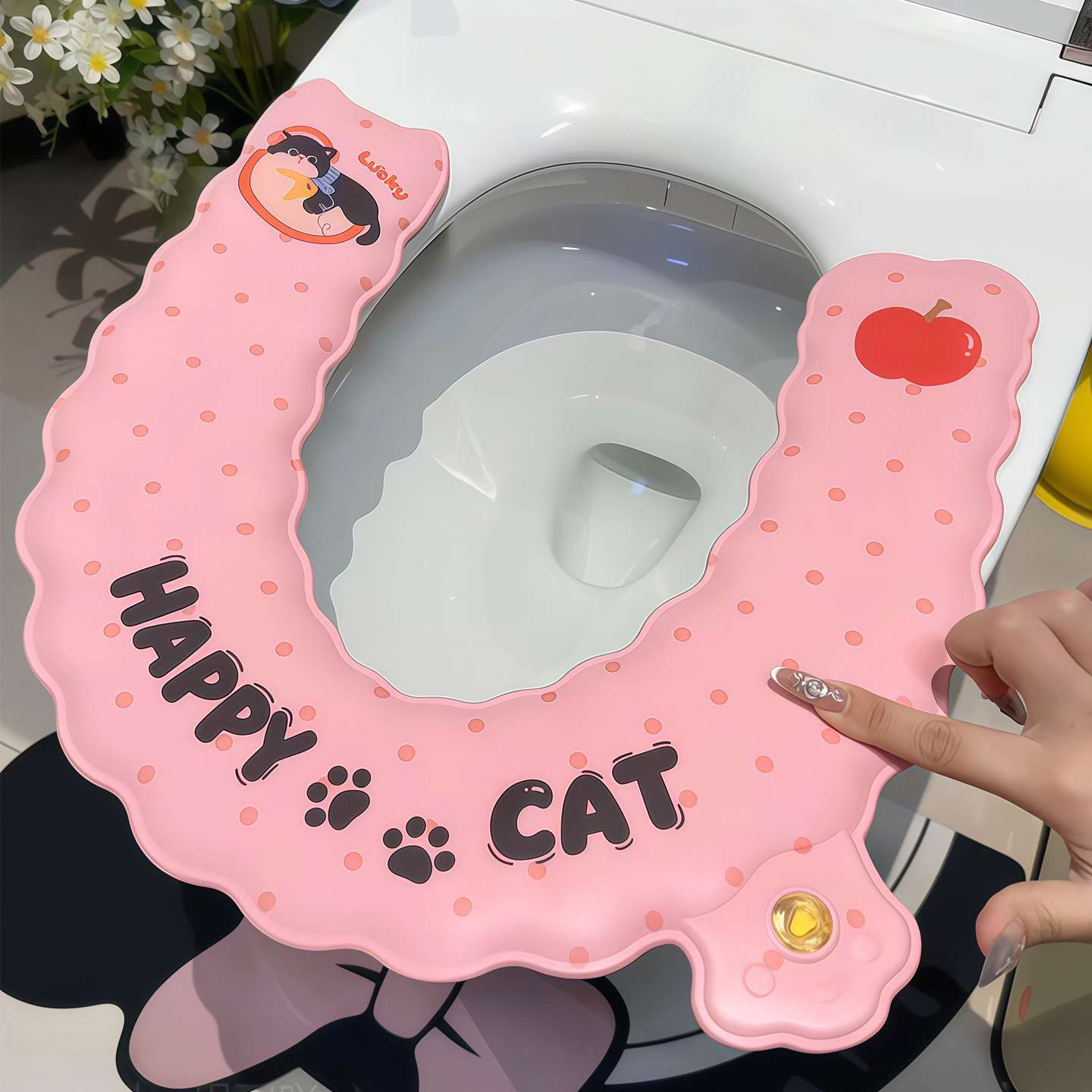 可爱苹果猫咪马桶垫四季通用家用化妆室防水坐便器垫圈自带香薰