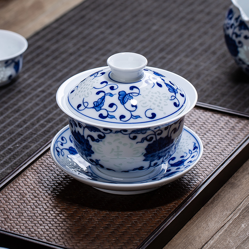 纯手绘，青花玲珑茶具8件套，礼盒装