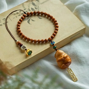 崖柏木雕可爱生肖鼠汽车挂饰十二生肖车载网红车T内饰品后视镜挂