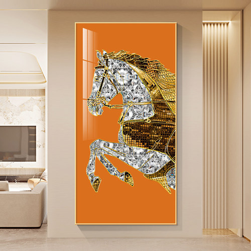 马到成功入户玄关装饰画q轻奢爱马橙色走廊过道壁画竖版骏马图挂