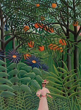 森林油画临摹名画亨利卢梭tRousseau走在异国情调森林里的女人