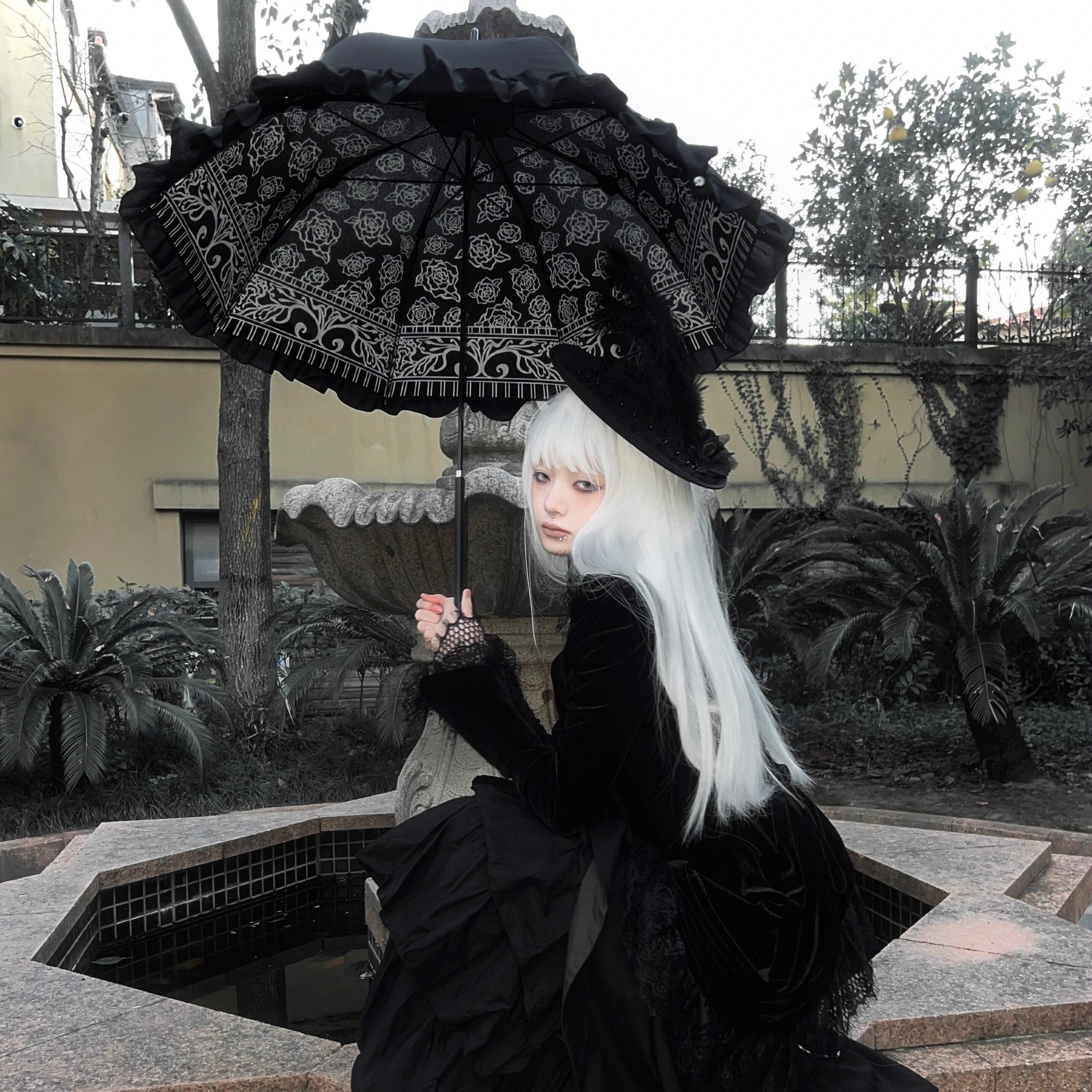 Raven and Lace'Dark Night Rose' Gothic Dark Lolita Pagoda Umbrella Rose Dark Pattern Lo Umbrella