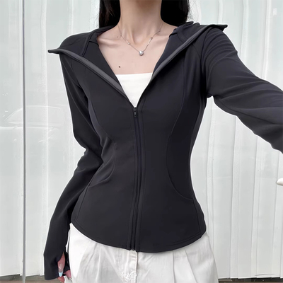 2025薄款摇粒绒收腰卫衣外套女春秋冬款轻薄抓绒衣修身连帽瑜伽服