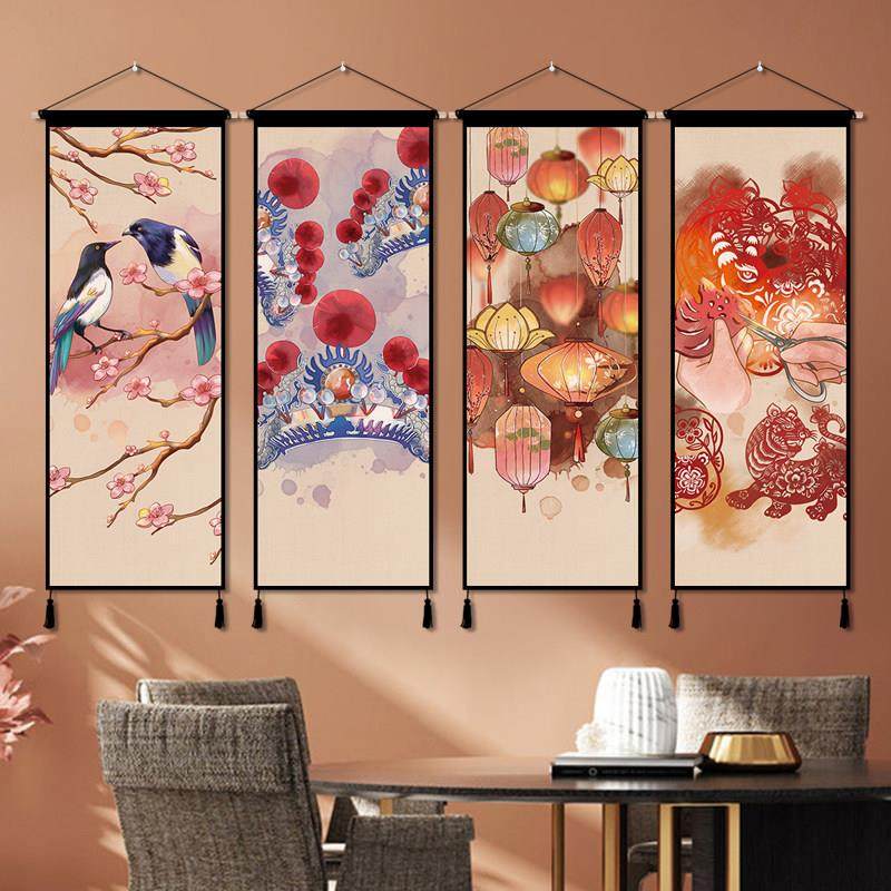 新中式民俗喜鹊喜庆墙布挂布卧室墙面背景布客厅玄关挂毯装饰画,居家布艺,挂毯/壁毯,淘宝优惠券,粉丝福利购,淘宝优惠卷