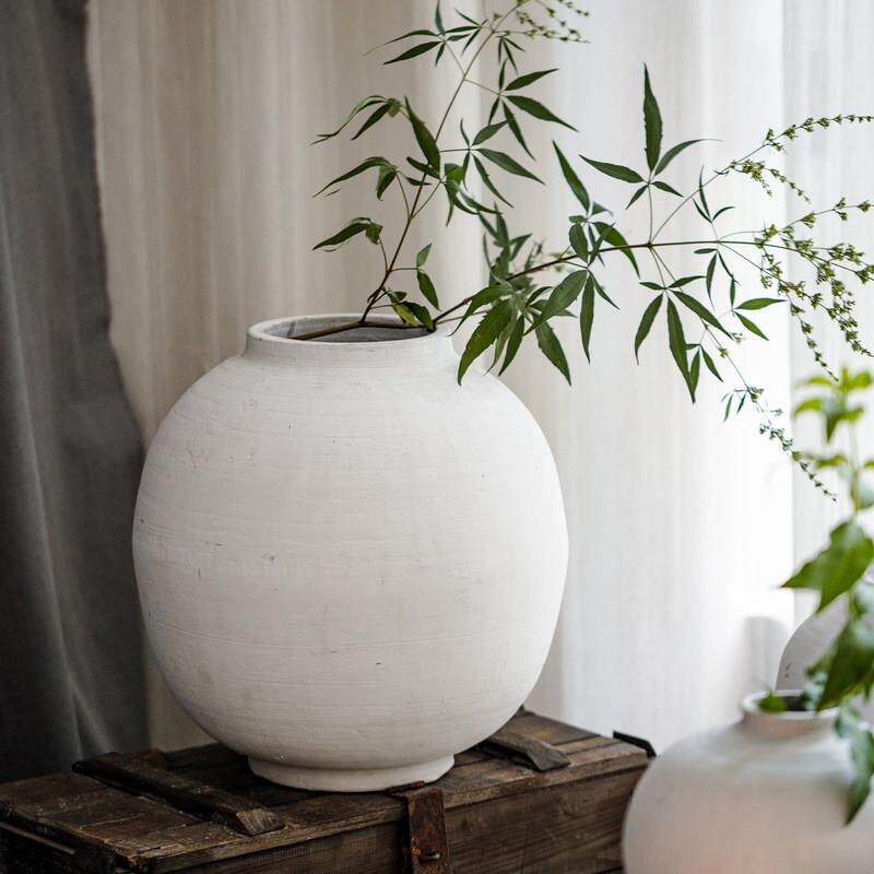 白色大号粗陶花瓶彷陶瓷落地大尺码插花客厅摆件月亮陶罐覆古花器