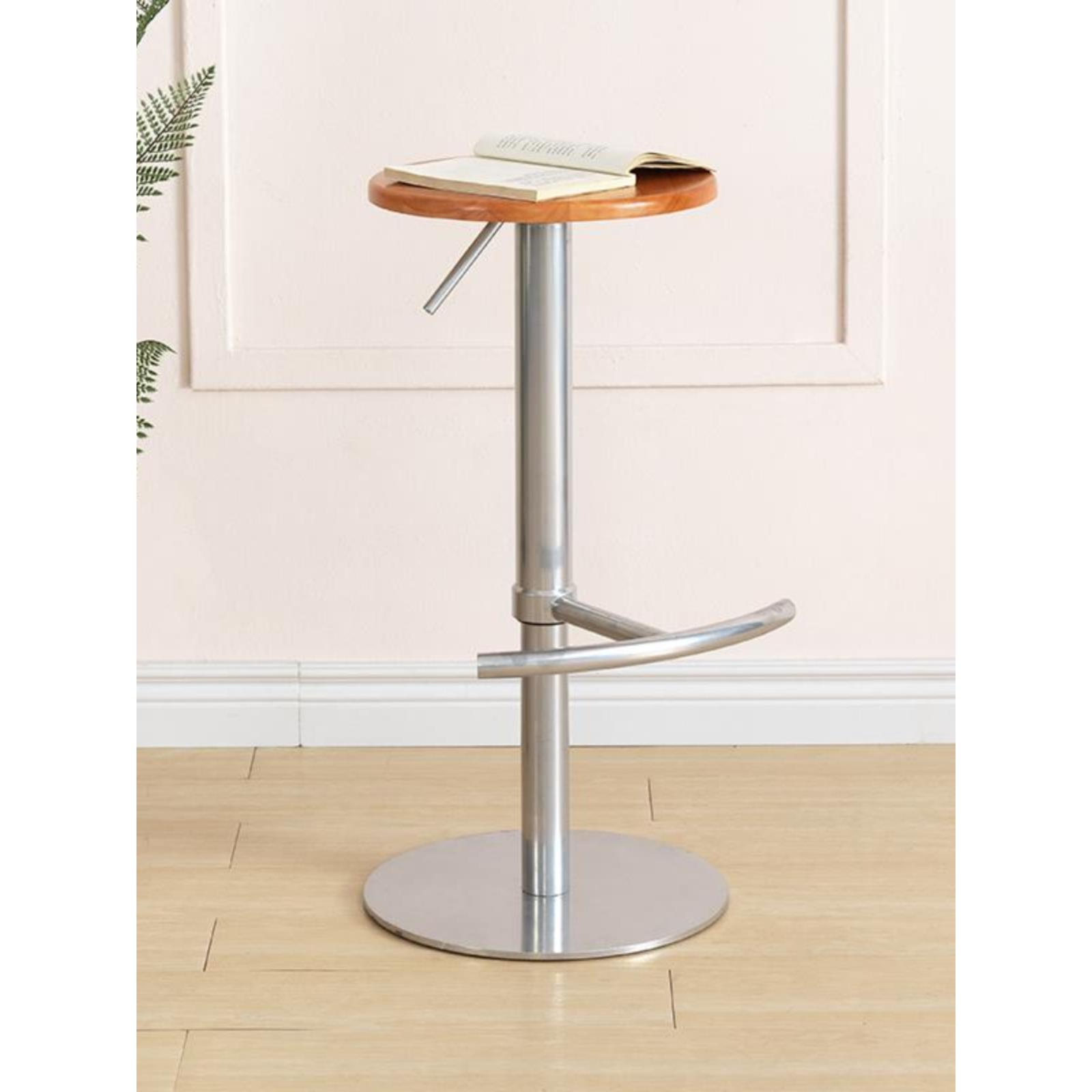 现代简约吧台椅椅子高脚实木家用可升降旋转铁艺圆形凳酒吧岛台椅