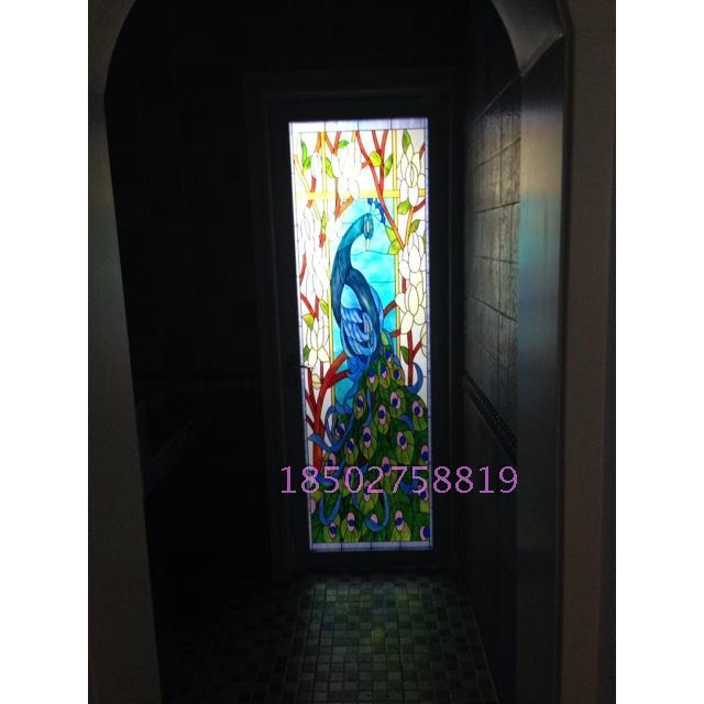 钢化雕刻蒂凡尼艺术玻璃玄关屏风隔断卫生间双面门芯透光孔雀风景