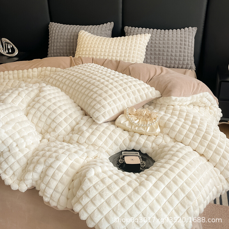 冬季加厚兔毛绒四件套牛奶绒被套床单保暖法兰绒被罩床上用品