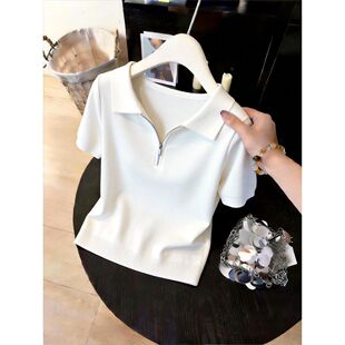 高级感白色拉链polo领短袖 女2026夏季 新款 绝美设计感上衣 针织衫
