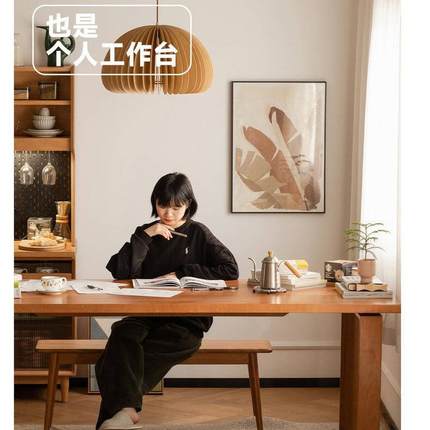 蓝鲸餐桌实木加厚北欧日式小户型长桌樱桃木工作台大板桌腿可调节