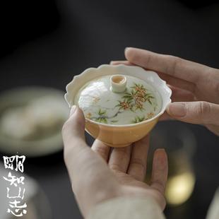 明知山志 杏黄仿古茶碗 花口盖碗 手绘桂花文人器家用陶瓷泡茶碗
