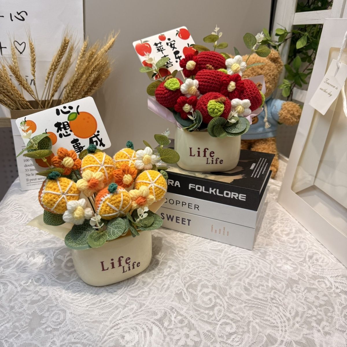 手工编织向日葵水果盆栽成品创意花束毕业送女生教师桌面小摆件