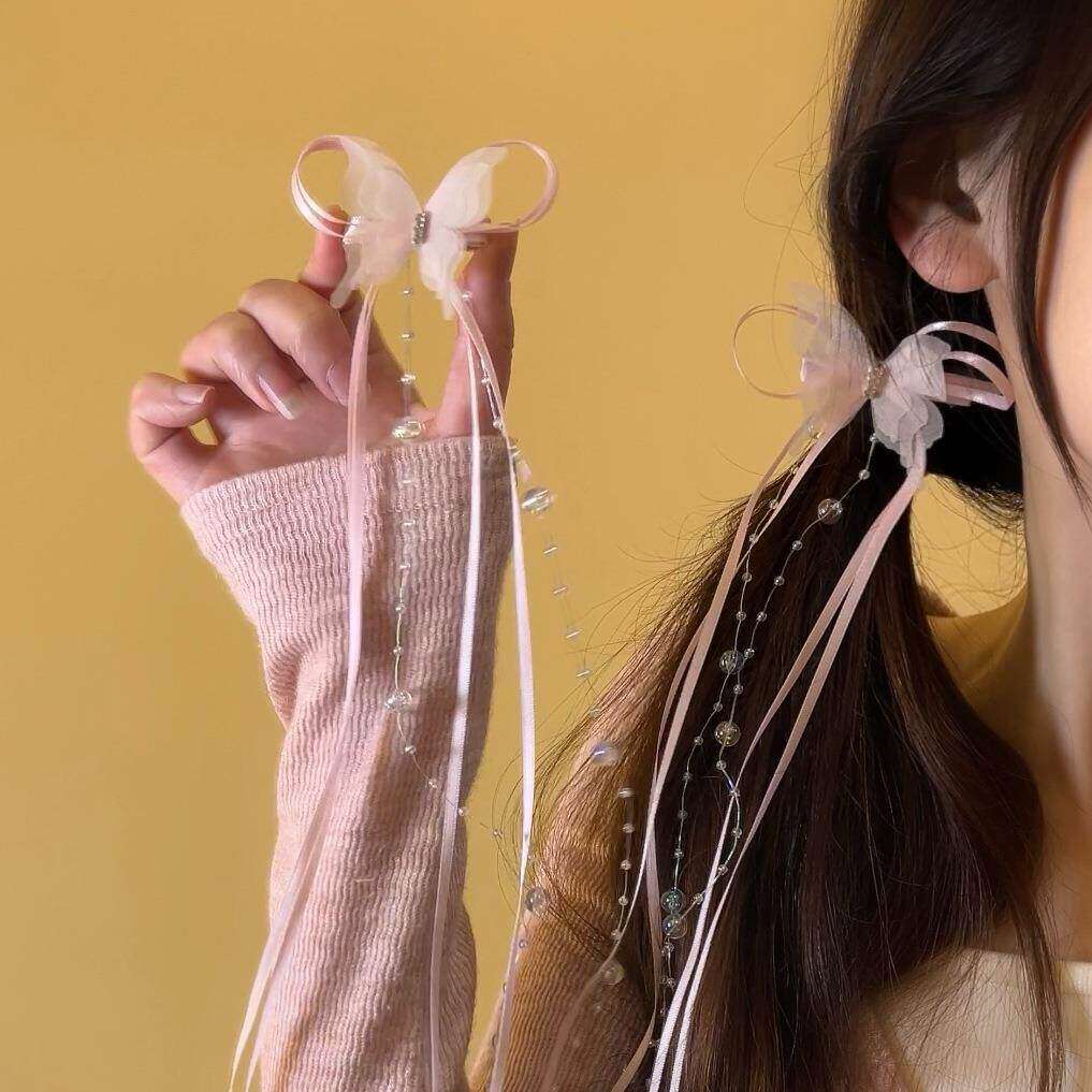芭蕾风可爱垂耳兔蓝色流苏蝴蝶结丝带发夹女双马尾演唱会头饰发卡