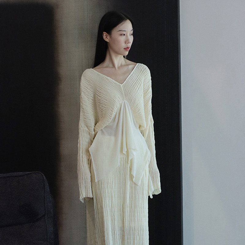 LIUFANGEZI秋季真丝丝绒弹力绉长袖上衣半裙套装