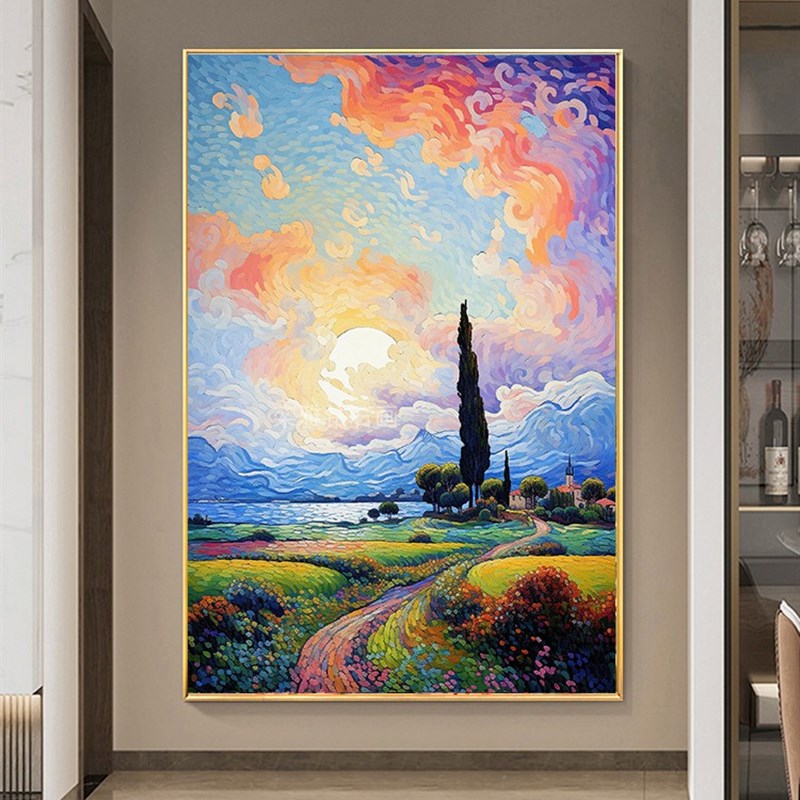 玄关竖版DIY方l钻满钻钻石画贴钻十字绣粉色天空晚霞小路丝柏树