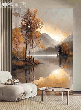 高山流水挂聚财纯手绘画现代风油景装饰画客厅玄关发画美式沙墙画