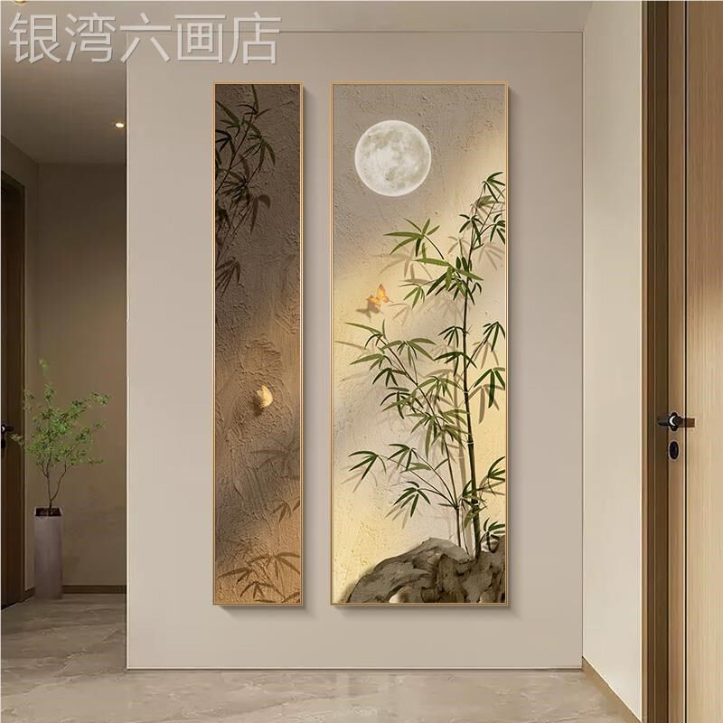 网红玄关过装f式竹饰子道新入走廊尽头正对门双联侘寂中风光影挂