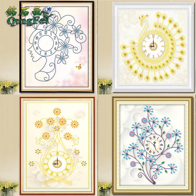 青飞新款简约花瓶钟表十字绣现代美女幸福发财树孔雀挂钟表钻石画