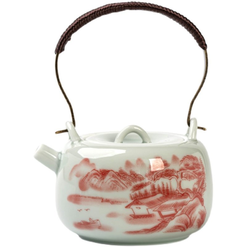 仿古泥矾红小提梁壶n山水釉下彩茶壶复古风中式青瓷陶瓷功夫茶具,餐饮具,茶壶,淘宝优惠券,粉丝福利购,淘宝优惠卷