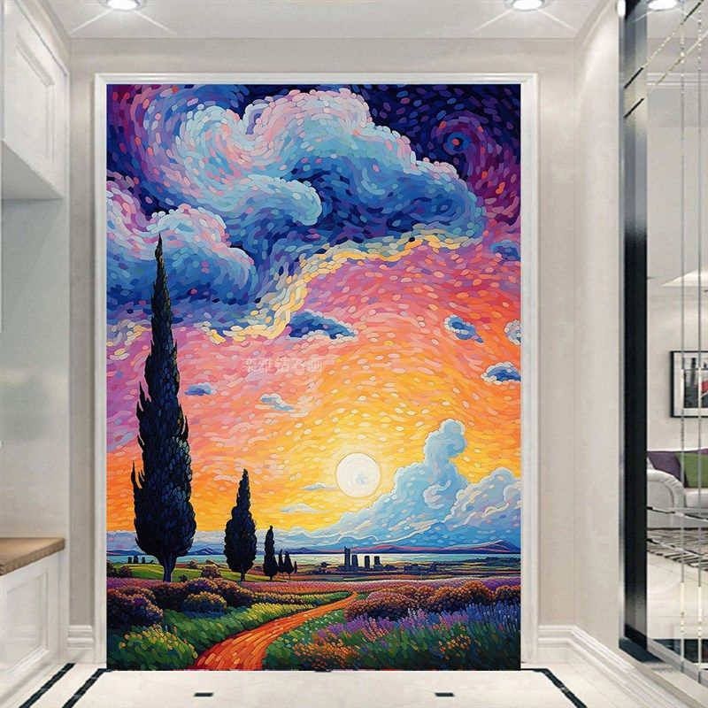 玄关DIY方钻i满钻钻石画梵高风格日落晚霞小路丝柏树黏贴钻十字绣,居家布艺,钻石绣,淘宝优惠券,粉丝福利购,淘宝优惠卷