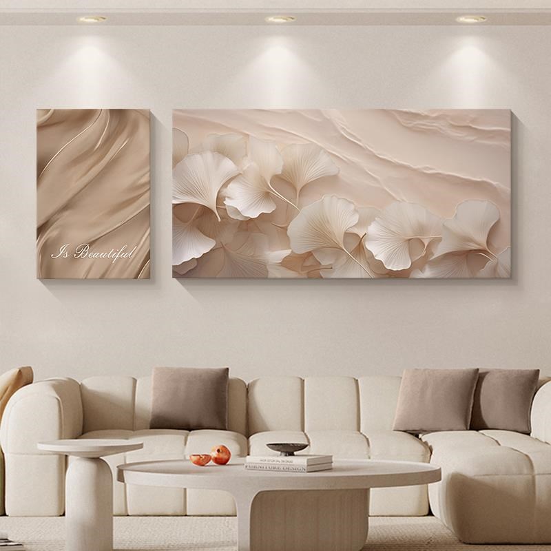 奶油风客厅装饰画沙发背景墙双联挂画卧室床M头银杏叶无框砂岩壁