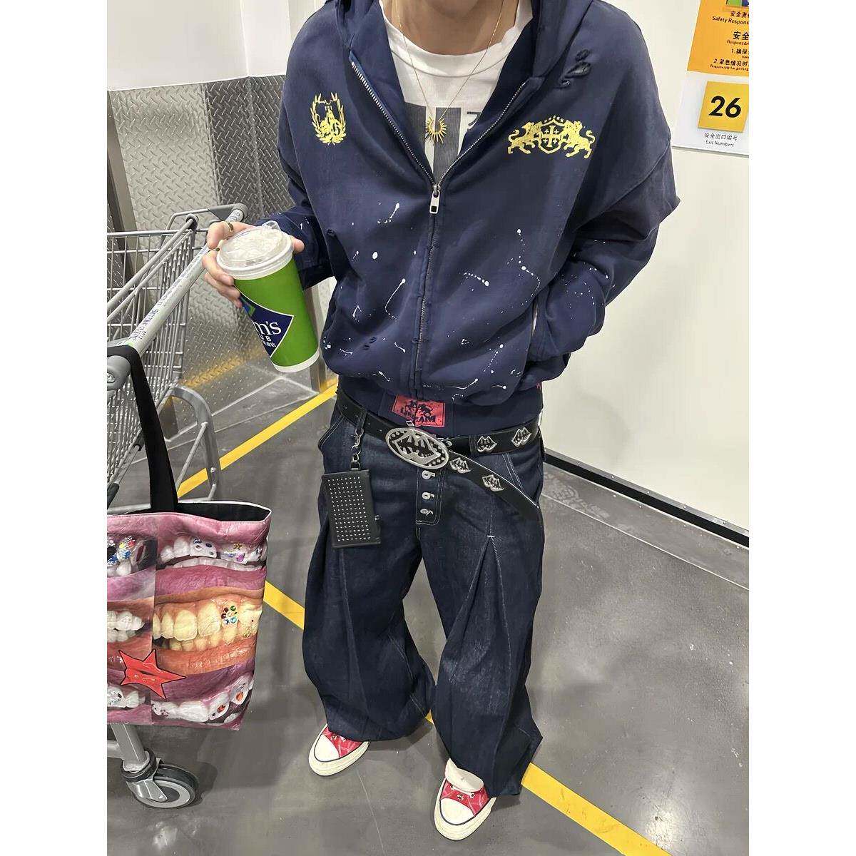 街头风水洗破坏泼墨拳击印花拉链连帽卫衣男短宽显高boxy帽衫外套