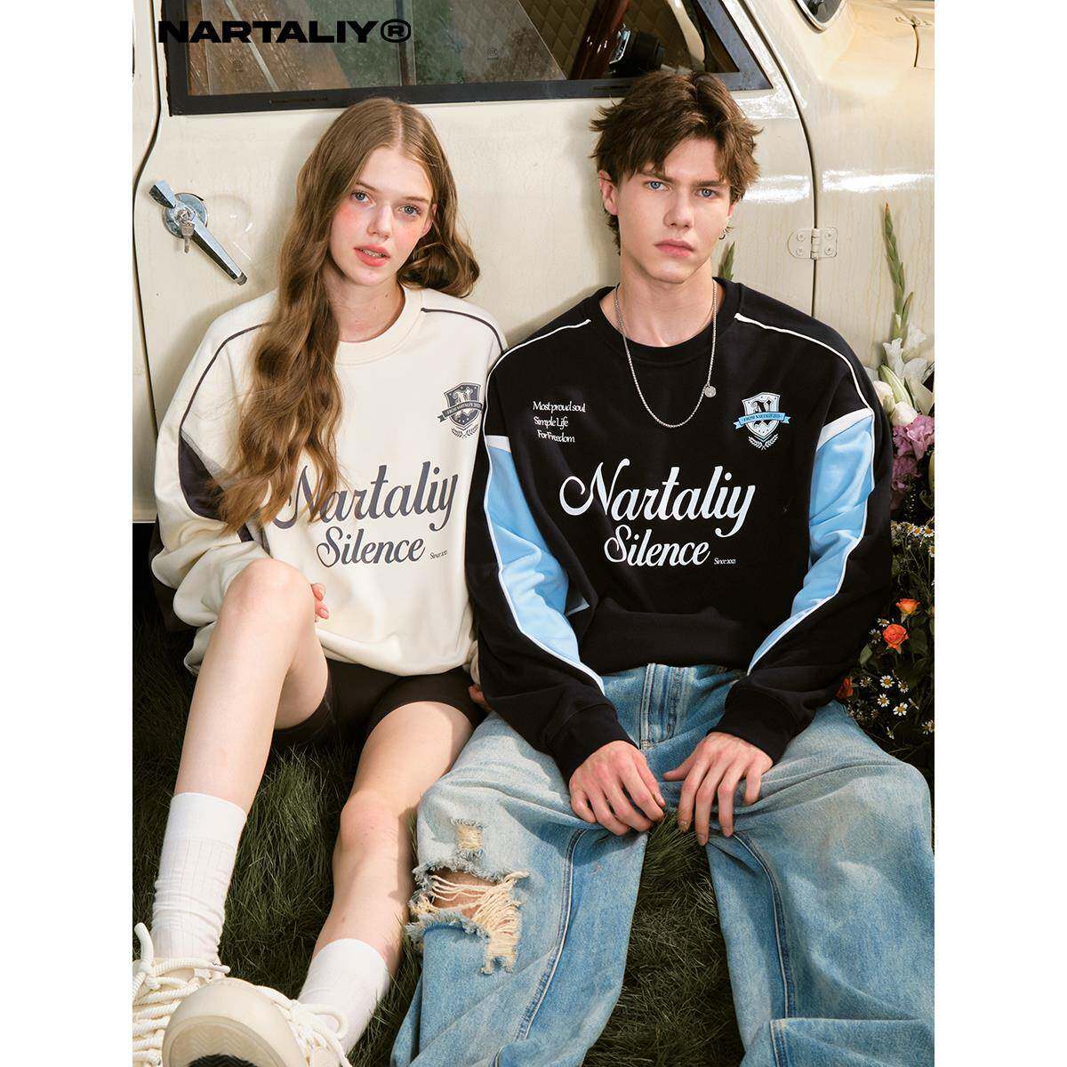 NARTALIY美式覆古撞色拼接厚T恤男圆领套头潮插肩长袖运动情侣上