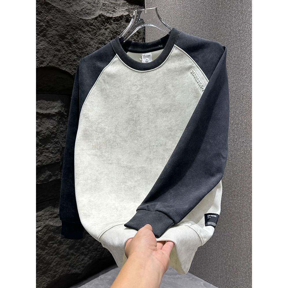 韩版圆领男士卫衣撞色拼接设计感休闲衣服青年扎染薄款上衣成熟风
