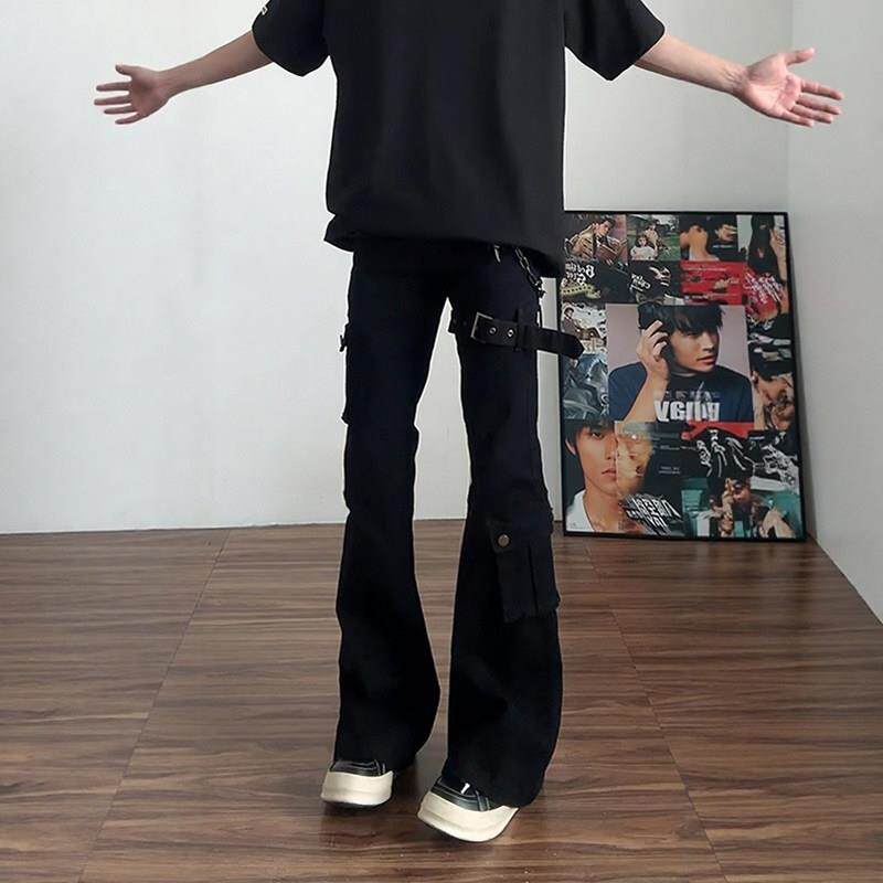 美式vibe绑带牛仔裤男修身高腰阔腿微喇工装裤高级感显高显瘦长裤