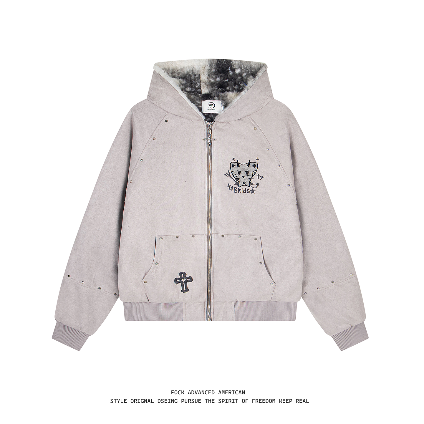 FOCK 原创设计恶魔猫咪柳丁麂皮绒加绒加厚连帽外套男女保暖棉衣