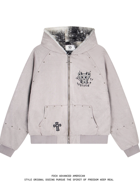 FOCK 原创设计恶魔猫咪柳丁麂皮绒加绒加厚连帽外套男女保暖棉衣