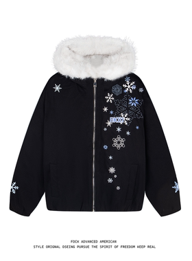 FOCK原创设计冰晶雪花棉服连帽外套男女秋冬情侣保暖宽松拉链上衣