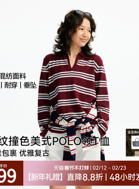 【限时直降】安欧兔条纹运动撞色POLO领水手T恤女长袖内搭上衣