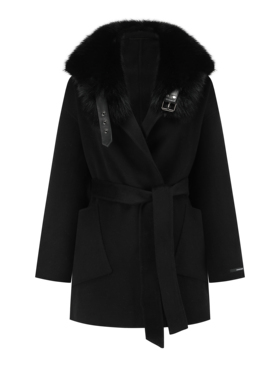 Black Wool Coat with Fur Collar 黑狐领澳洲羊毛山羊绒扣饰大衣