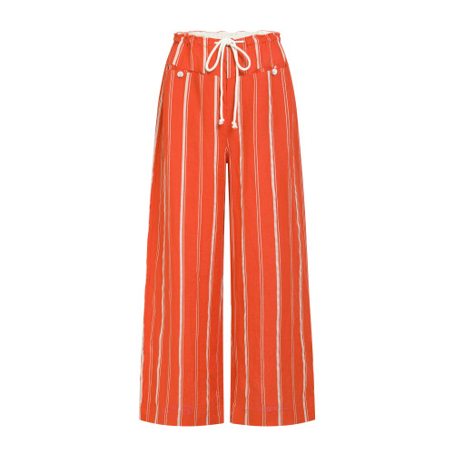 Orange Pants 橘子红了慵懒氛围亮色亚麻条纹休闲裤