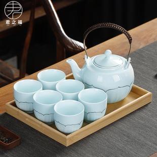 陶瓷大容量提梁壶茶杯茶盘整套简约家用高档茶具 影青荷花茶壶套装