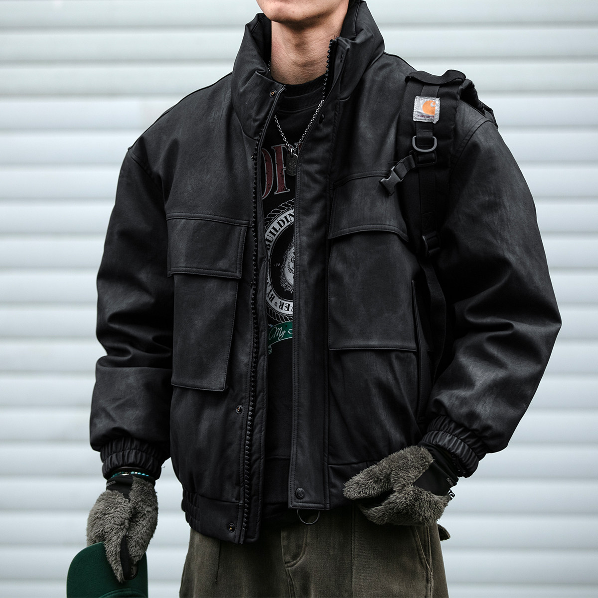 冬季新品高级感PU皮立领羽绒服男工装潮流帅气机车白鸭绒外套潮牌