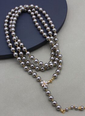 美国M&K高级灰色琉璃珠项链多种佩戴的珍珠长款项链冷酷高级