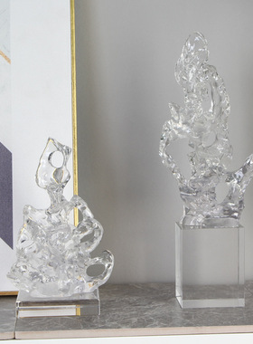 新中式假山摆件样板房间透明水晶太湖石K工艺品家居玄关电视柜装