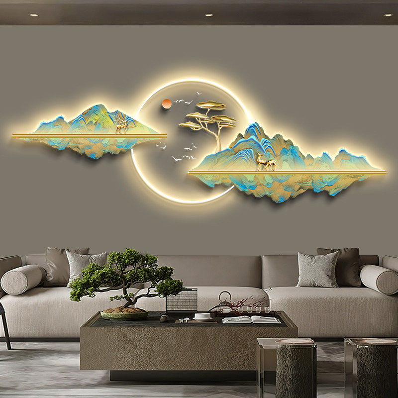 网红千里江图客厅装饰山新景式中气J大水壁灯沙发山背墙挂
