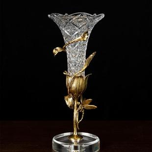 水晶玻璃镶铜客厅茶几样板间摆件 高档奢华简约插花花瓶 美式 欧式