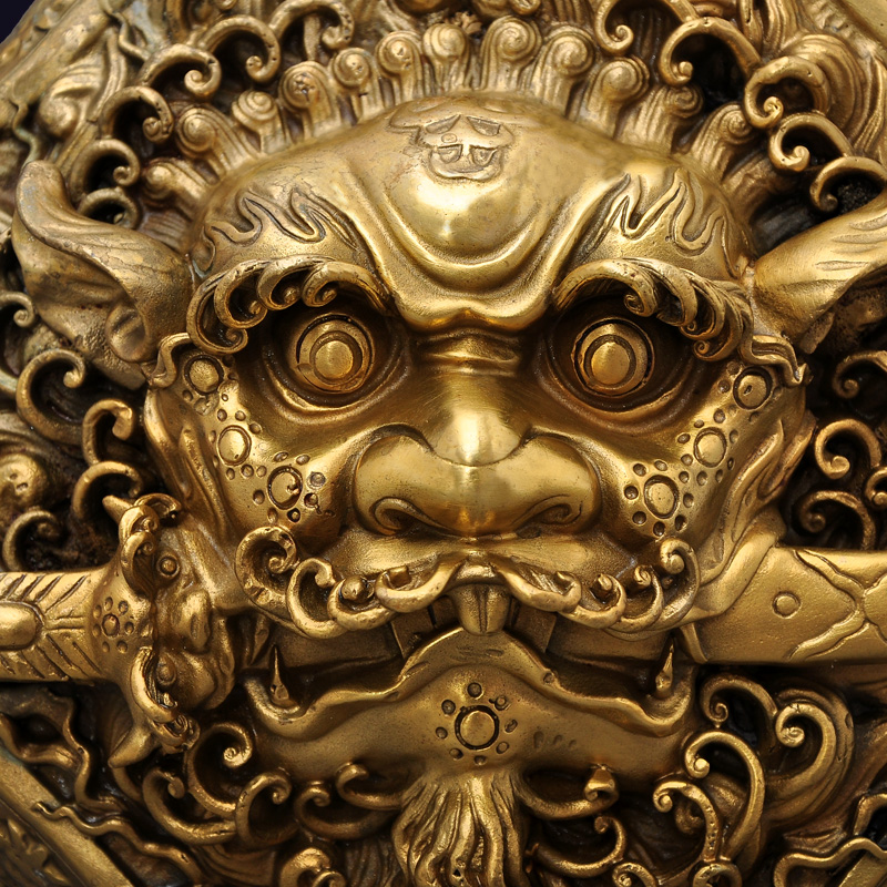 黄铜八角狮头摆件铜兽头八卦狮咬剑挂件铜狮子R睚眦风水墙饰门饰