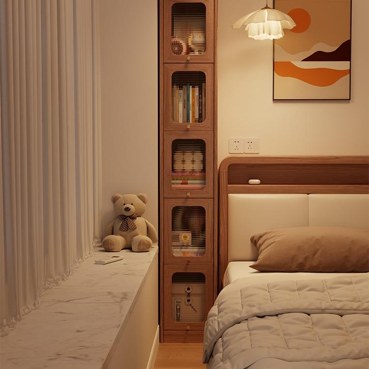 实木夹缝收纳柜书柜带门立柜落地置物架拐角靠墙边柜高窄柜